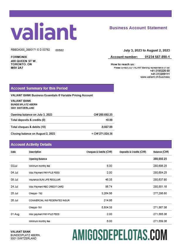 Baixável Valiant Bank Enterprise modelo de extrato de conta Word e PDF